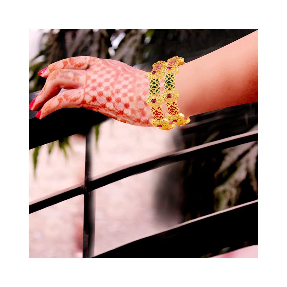 Mansiyaorange Classic A D Colored Stone Studded Hand Meena Two Artificial Bangle