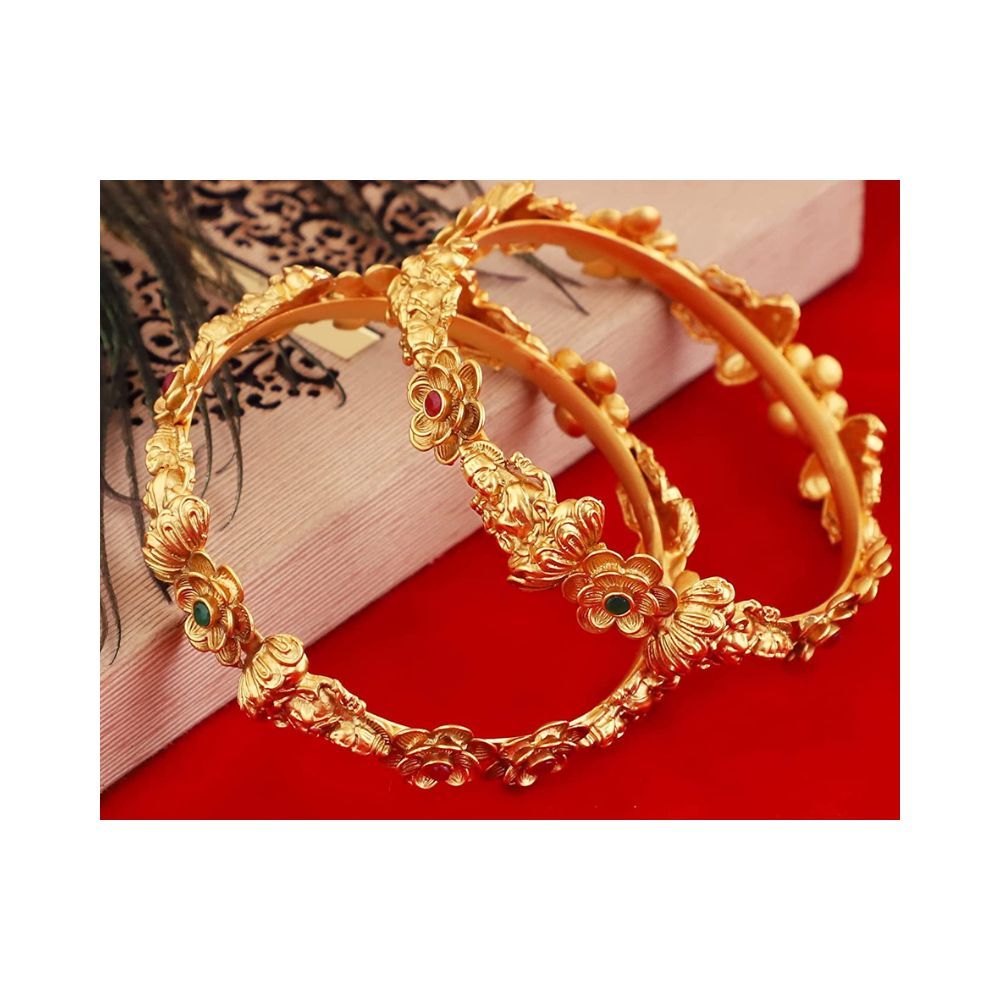 Mansiyaorange One Gram Gold Two Red Ruby And Green Stone Traditional Bangles For Women