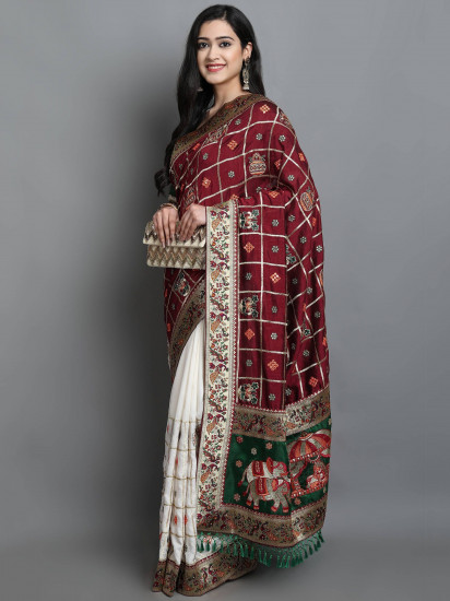 Maroon & White Embroidered Silk Bridal Wear Panetar Saree(Un-Stitched)