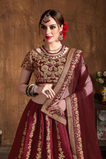 Maroon Embroidery Raw Silk Wedding Lehenga Choli With Dupatta
Semi Stitched
