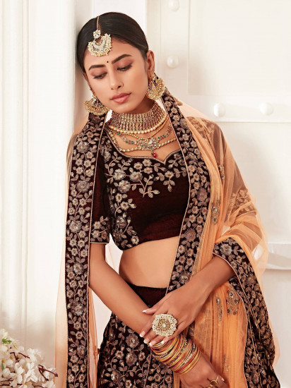 Maroon Heavy Embroidery Velvet Bridal Lehenga Choli
Semi Stitched