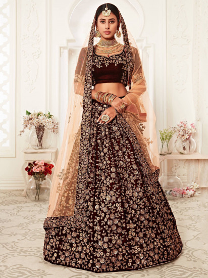 Maroon Heavy Embroidery Velvet Bridal Lehenga Choli Semi Stitched