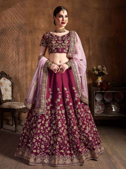 Maroon Sequins Raw Silk Bridal Lehenga Choli With Pink Dupatta
Semi Stitched