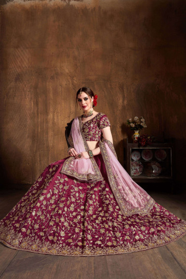 Maroon Sequins Raw Silk Bridal Lehenga Choli With Pink Dupatta
Semi Stitched