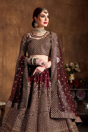 Maroon Sequins Raw Silk Wedding Lehenga Choli With Dupatta