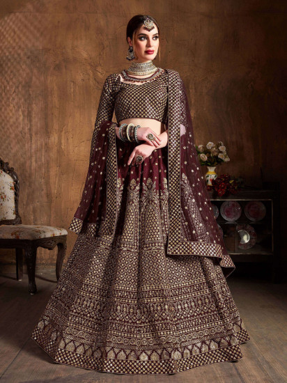 Maroon Sequins Raw Silk Wedding Lehenga Choli With Dupatta