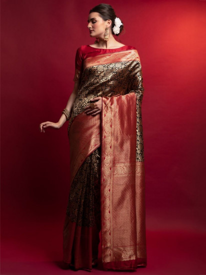 Marvelous Red And Black Heavy Zari Weaving Silk Wedding Wear Saree(Un-Stitched)