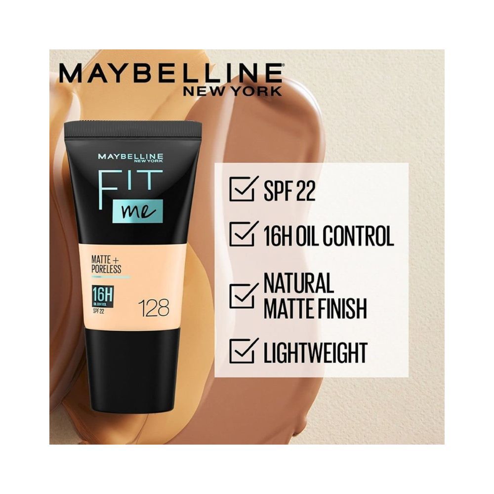 Maybelline New York Liquid Foundation, Matte & Poreless Normal to Oily Skin, Fit Me, 128 Warm Nude, 18ml