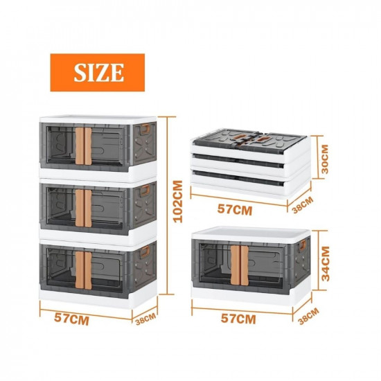 mechdel Collapsible Storage Bins with Double Door with Top Lid Opening and Wheels, Stackable Storage Container Box, Organizers and Storage for Clothes (3PCS-72L (Orange Handle), Transparent)