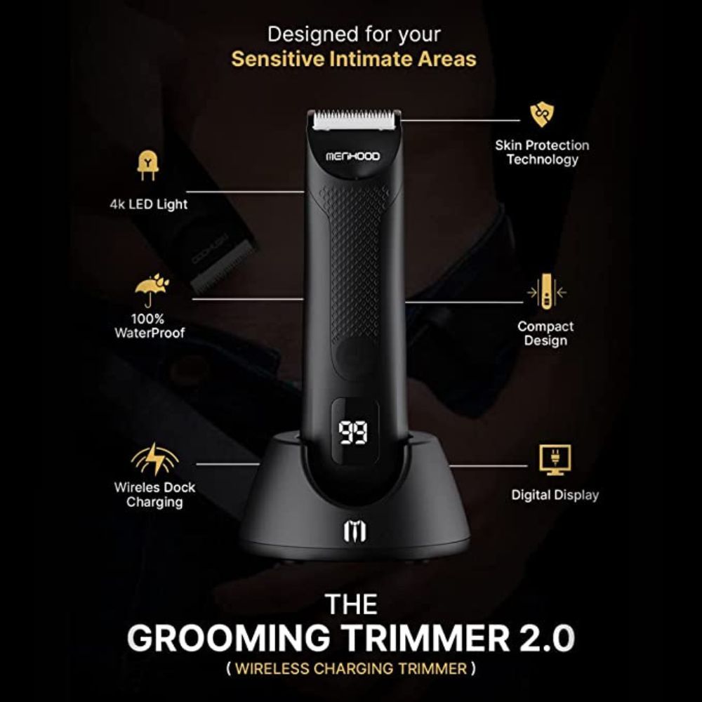 MENHOOD Men's WaterProof Cordless Grooming Trimmer 2.0 for Men, Featured with 4000k LED Spotlight & Power Status Display, Wireless Charging Support, Sensitive Skin Technology,150Min Runtime