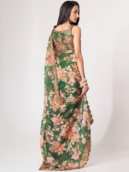 Mesmerizing Green Floral Printed Organza Festive Wear Saree(Un-Stitched)