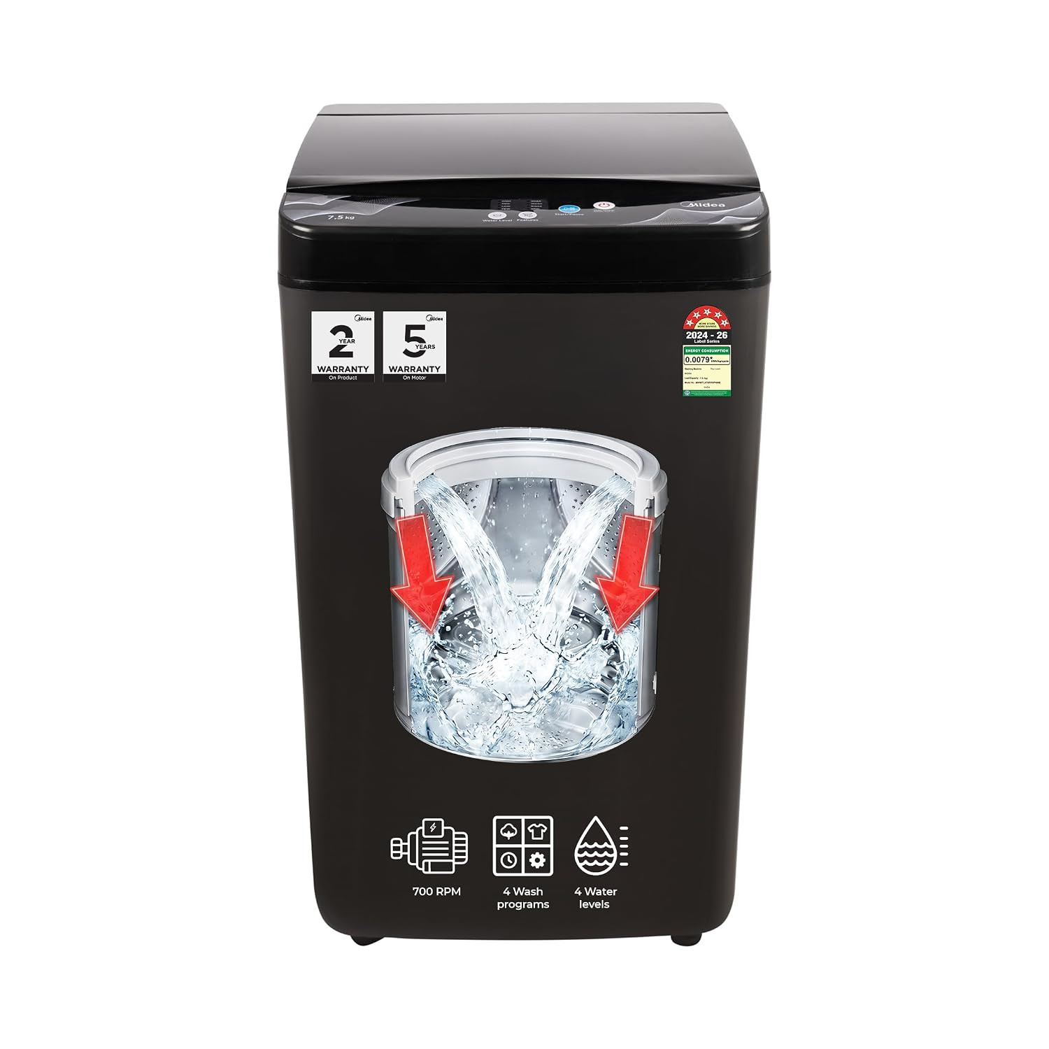 Midea 75 kg Fully Automatic Top Load Washing Machine MWMTL075FP0PNMB Mid Black