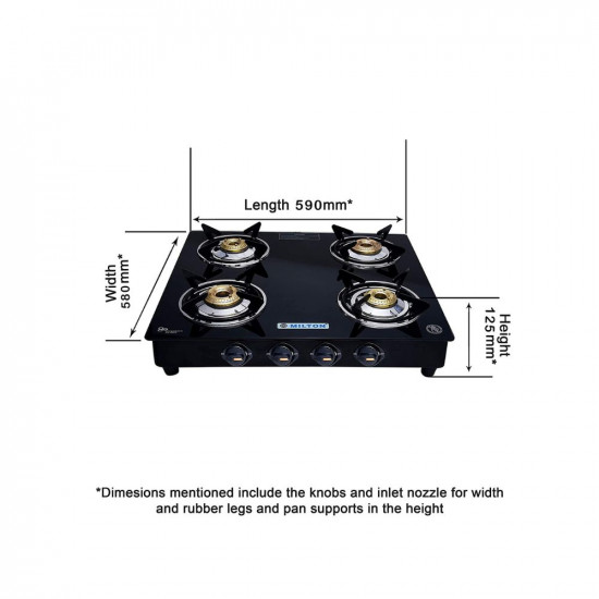 MILTON Premium 4 Burner Black Manual Ignition LPG Glass Top Gas Stove, (ISI Certified)