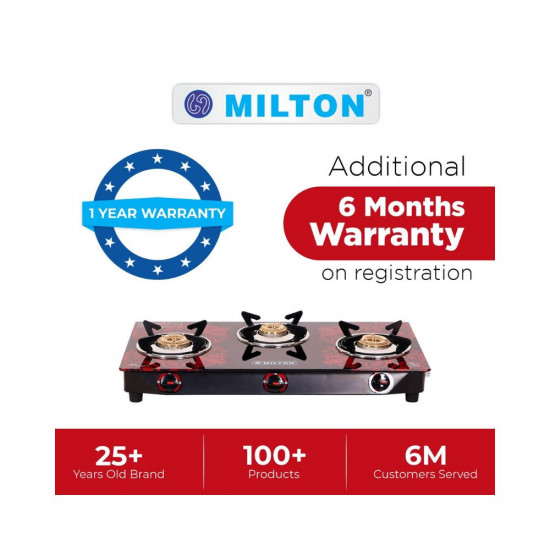 MILTON Premium Red Manual Ignition LPG Glass Top Gas Stove, (ISI Certified) (3 Burner)