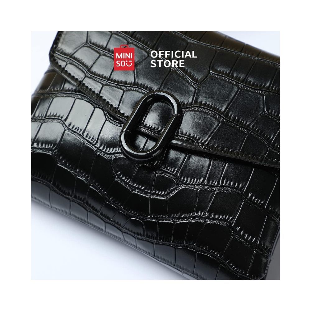 Miniso Stone Pattern Crossbody Bag with Flap and O Shaped Decoration (Black)