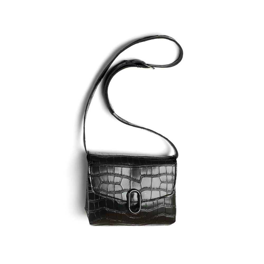Miniso Stone Pattern Crossbody Bag with Flap and O Shaped Decoration (Black)