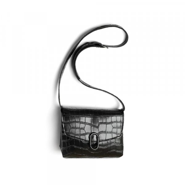 Miniso Stone Pattern Crossbody Bag with Flap and O Shaped Decoration (Black)