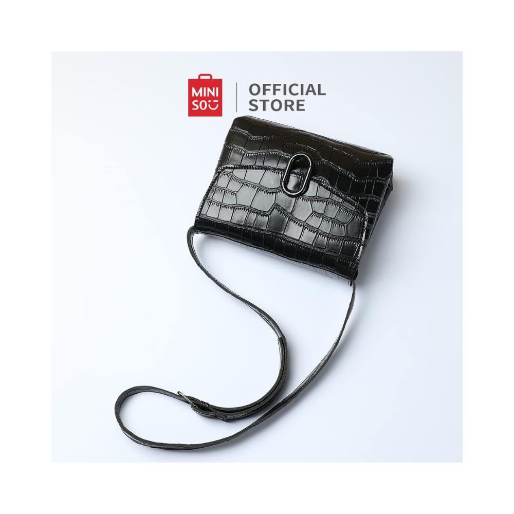 Miniso Stone Pattern Crossbody Bag with Flap and O Shaped Decoration (Black)