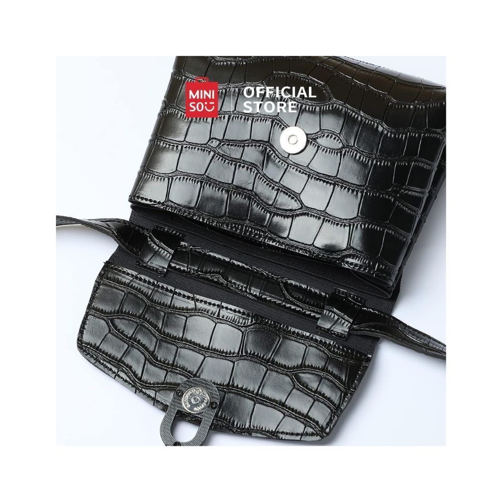 Miniso Stone Pattern Crossbody Bag with Flap and O Shaped Decoration (Black)