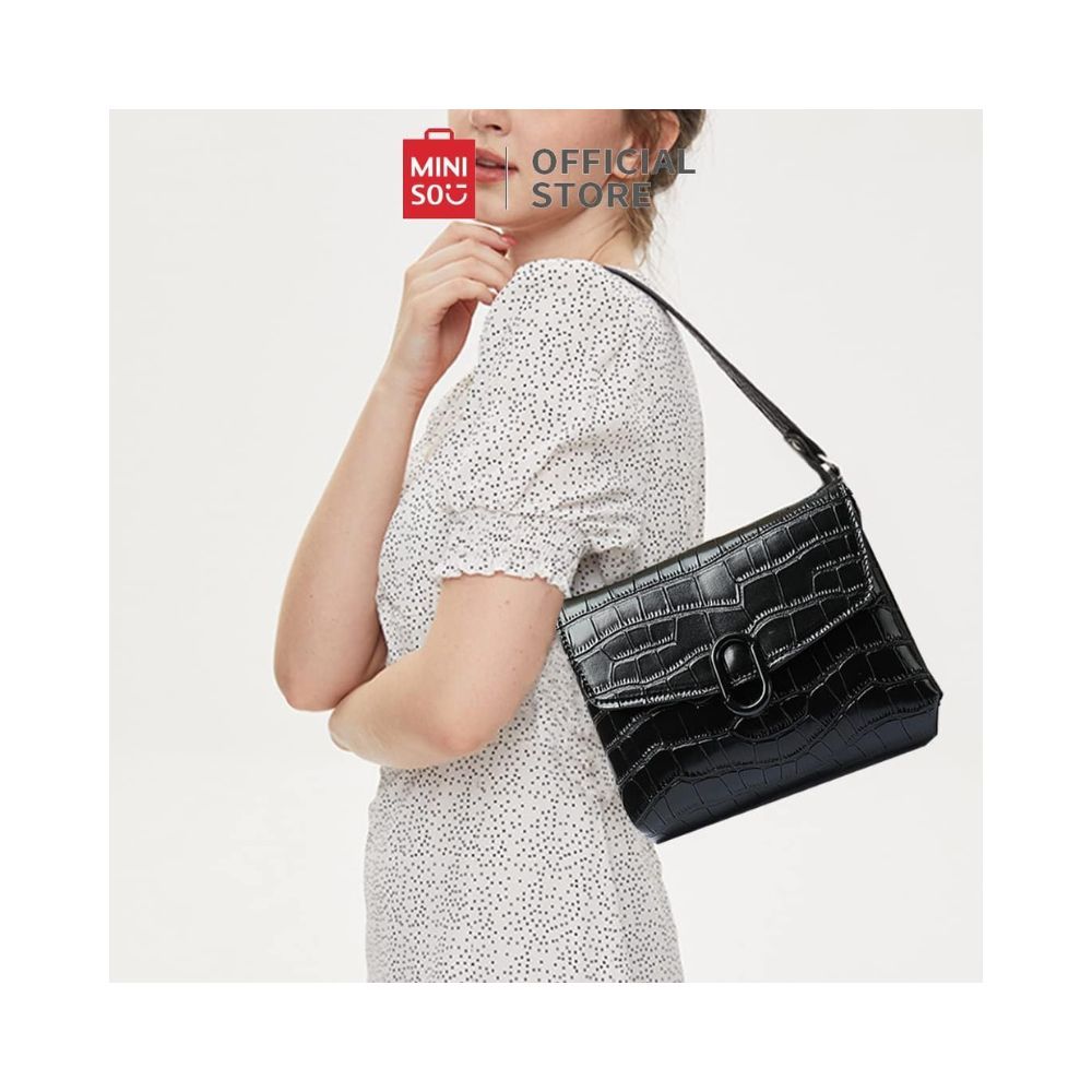 Miniso Stone Pattern Crossbody Bag with Flap and O Shaped Decoration (Black)