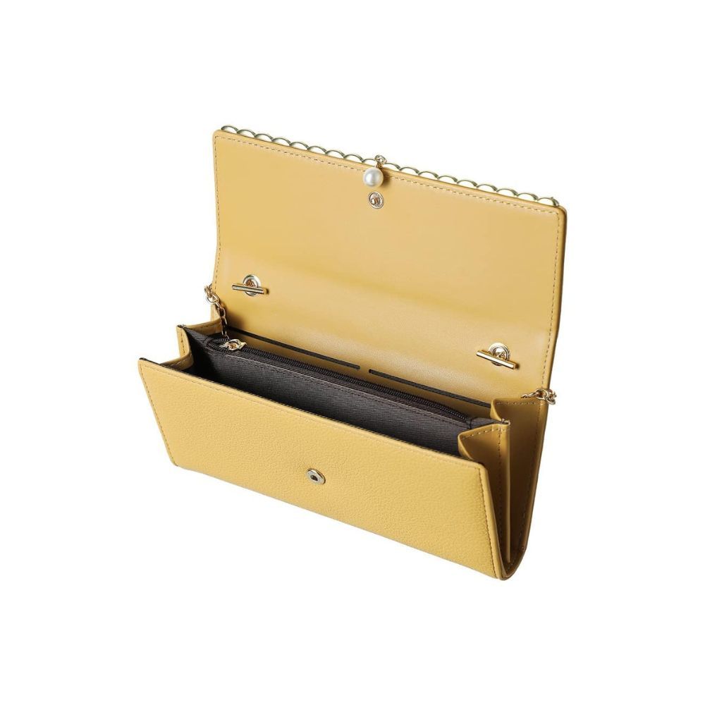 Miniso Women's Long Wallet,Chain Crossbody Bag with Imitation Pearl(Yellow)