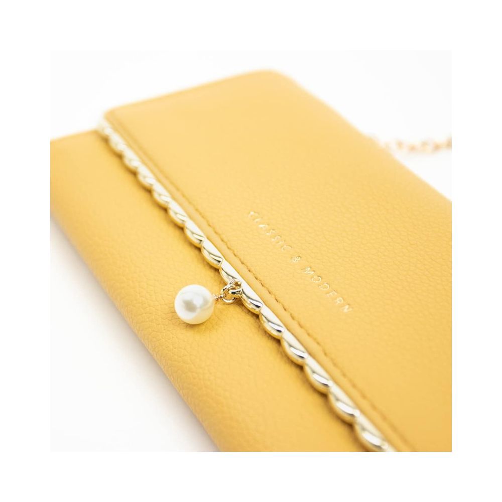 Miniso Women's Long Wallet,Chain Crossbody Bag with Imitation Pearl(Yellow)