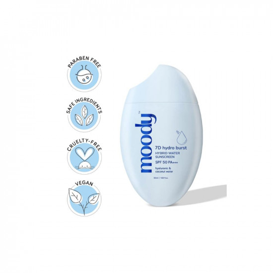 Moody Sunscreen With Hyaluronic & SPF 50 PA +++ UVA/B Broad Spectrum Protection Dewy Skin | No White Cast with 7D Hydro Burst | Sweat proof | Men & Women | Paraben Free | 50 ml
