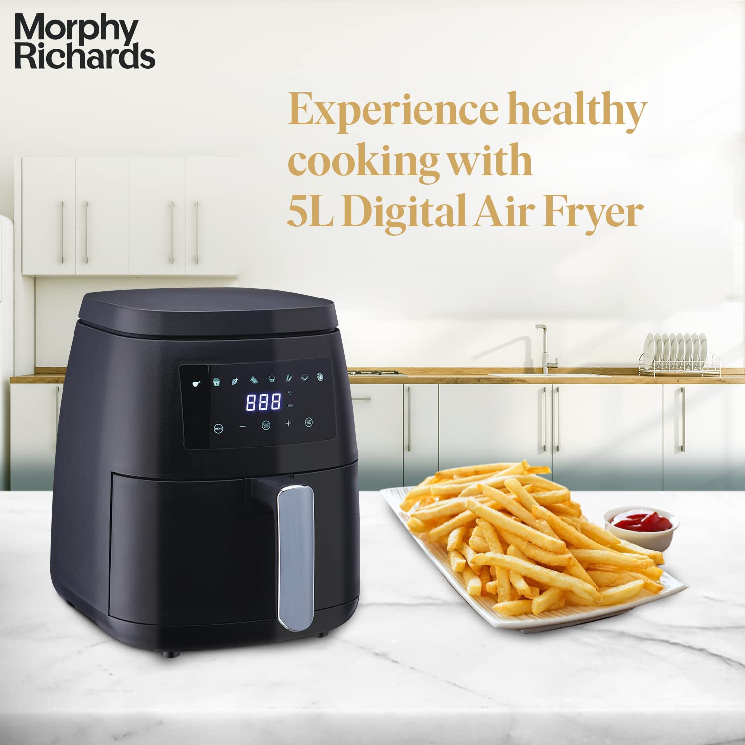Morphy Richards Digital Air Fryer For Home1500W With Digital ControlDual Fan TechnologyAdjustable Time  Temperature ControlVoltage Fluctuation Protection2-Yr Warranty By BrandBlack 5 liter