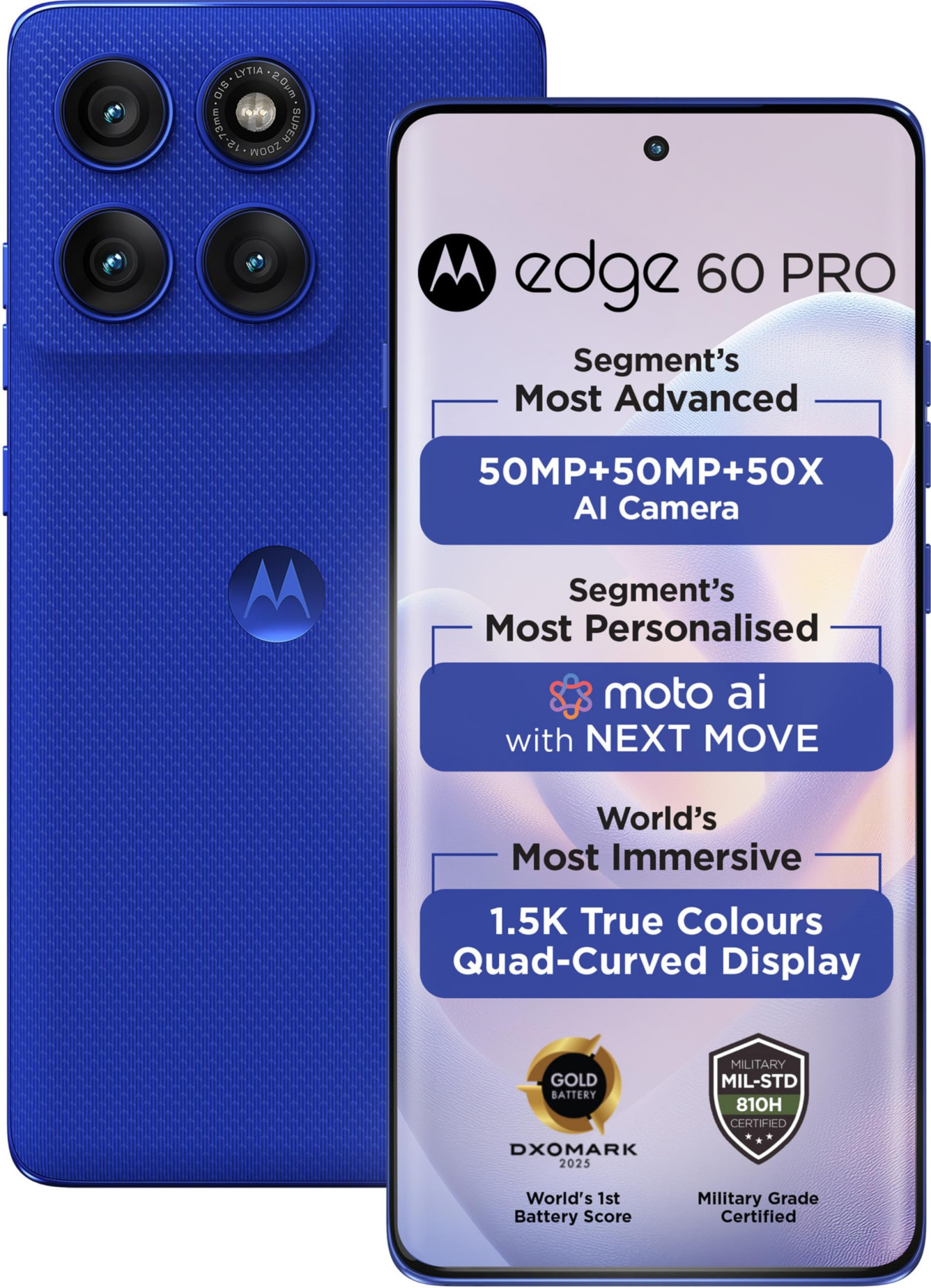 Motorola Edge 60 Pro 5G Pantone Dazzling Blue 8GB RAM 256GB Storage  67 Display  50MP50MP10MP  50MP Front  Dimensity 8350  6000mAh  90W  15W Wireless Charging  IP68IP69 Rated