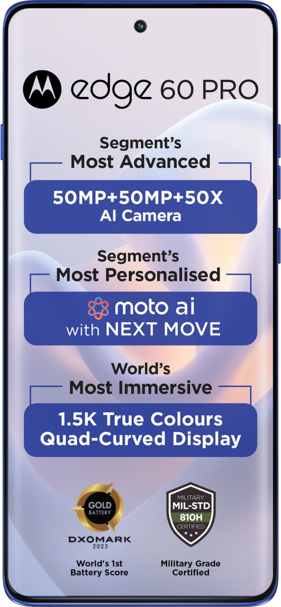 Motorola Edge 60 Pro 5G Pantone Dazzling Blue 8GB RAM 256GB Storage  67 Display  50MP50MP10MP  50MP Front  Dimensity 8350  6000mAh  90W  15W Wireless Charging  IP68IP69 Rated