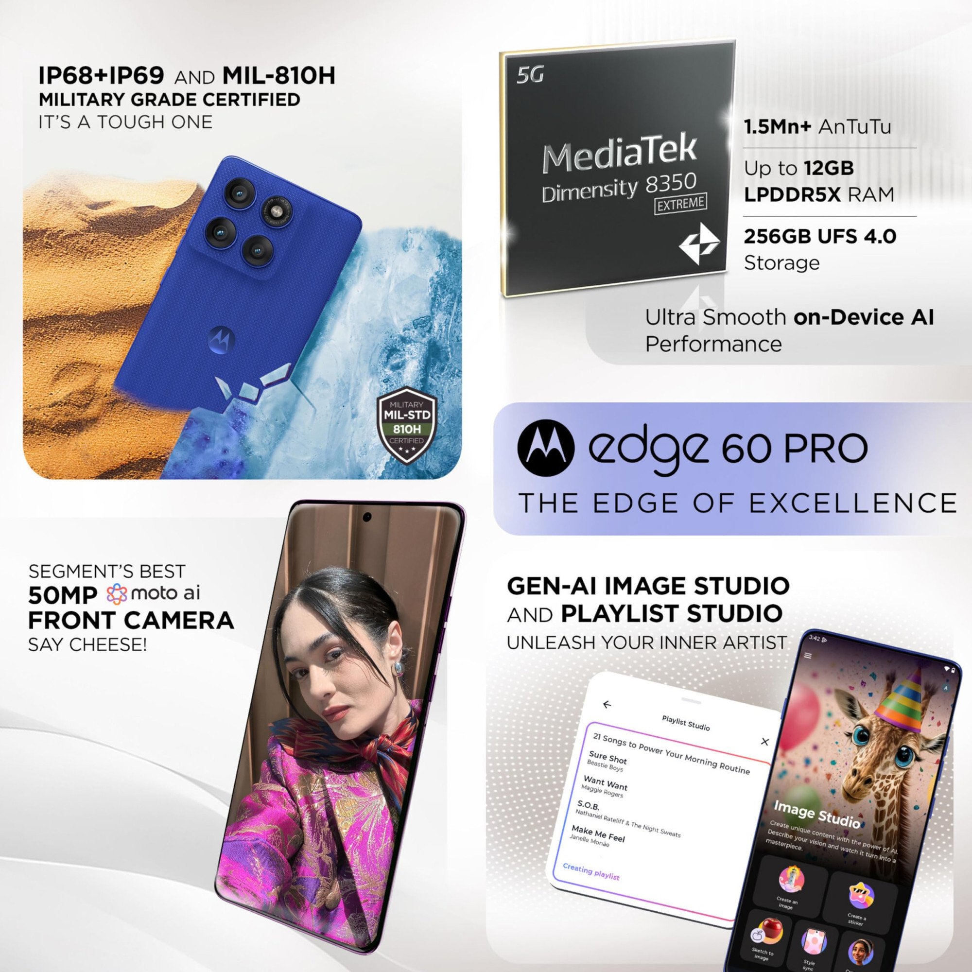 Motorola Edge 60 Pro 5G Pantone Dazzling Blue 8GB RAM 256GB Storage  67 Display  50MP50MP10MP  50MP Front  Dimensity 8350  6000mAh  90W  15W Wireless Charging  IP68IP69 Rated