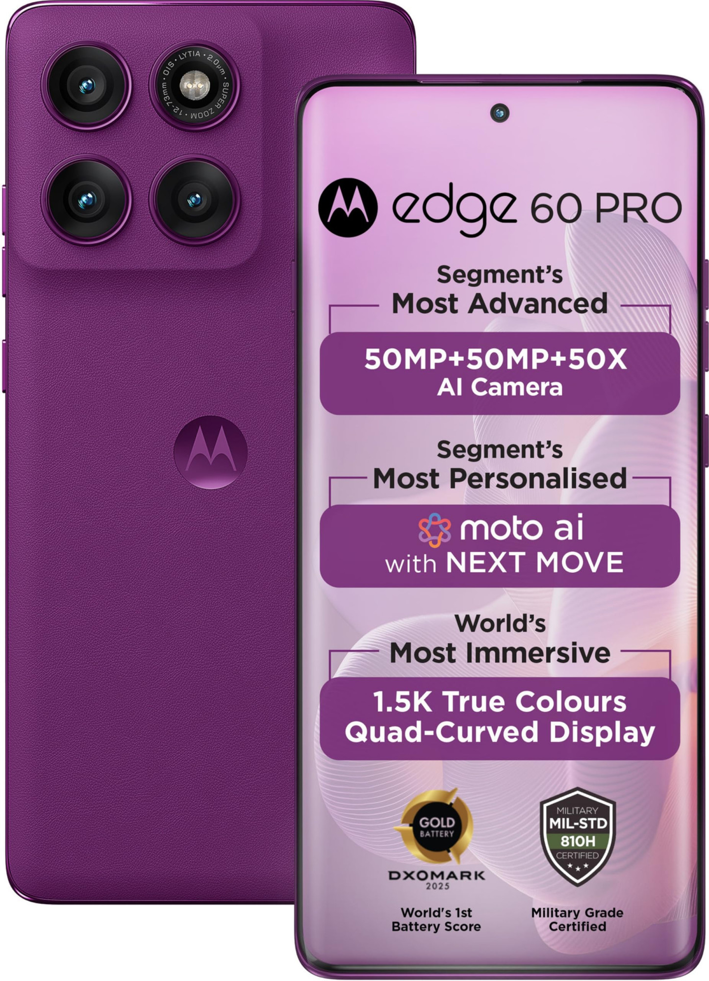 Motorola Edge 60 Pro 5G Pantone Sparkling Grape 8GB RAM 256GB Storage  67 AMOLED  50MP Triple Cam  50MP Front  6000mAh  90W  15W Wireless  IP68IP69  Dimensity 8350 AI Processor