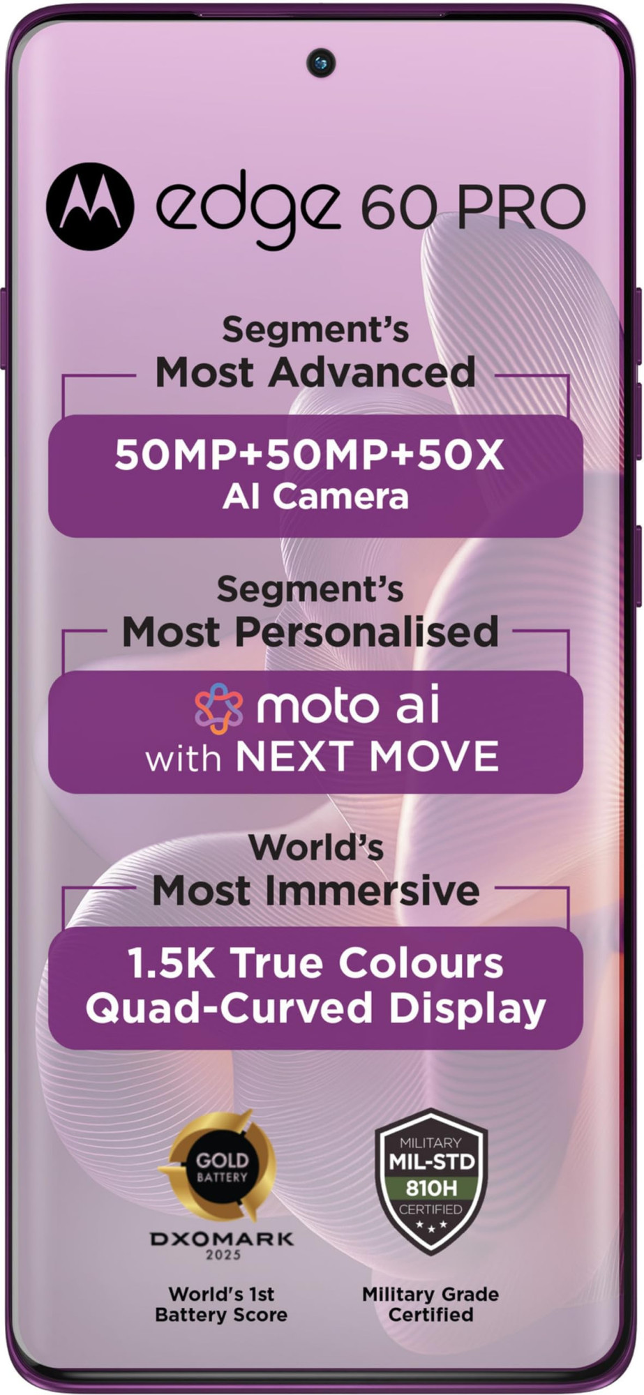 Motorola Edge 60 Pro 5G Pantone Sparkling Grape 8GB RAM 256GB Storage  67 AMOLED  50MP Triple Cam  50MP Front  6000mAh  90W  15W Wireless  IP68IP69  Dimensity 8350 AI Processor