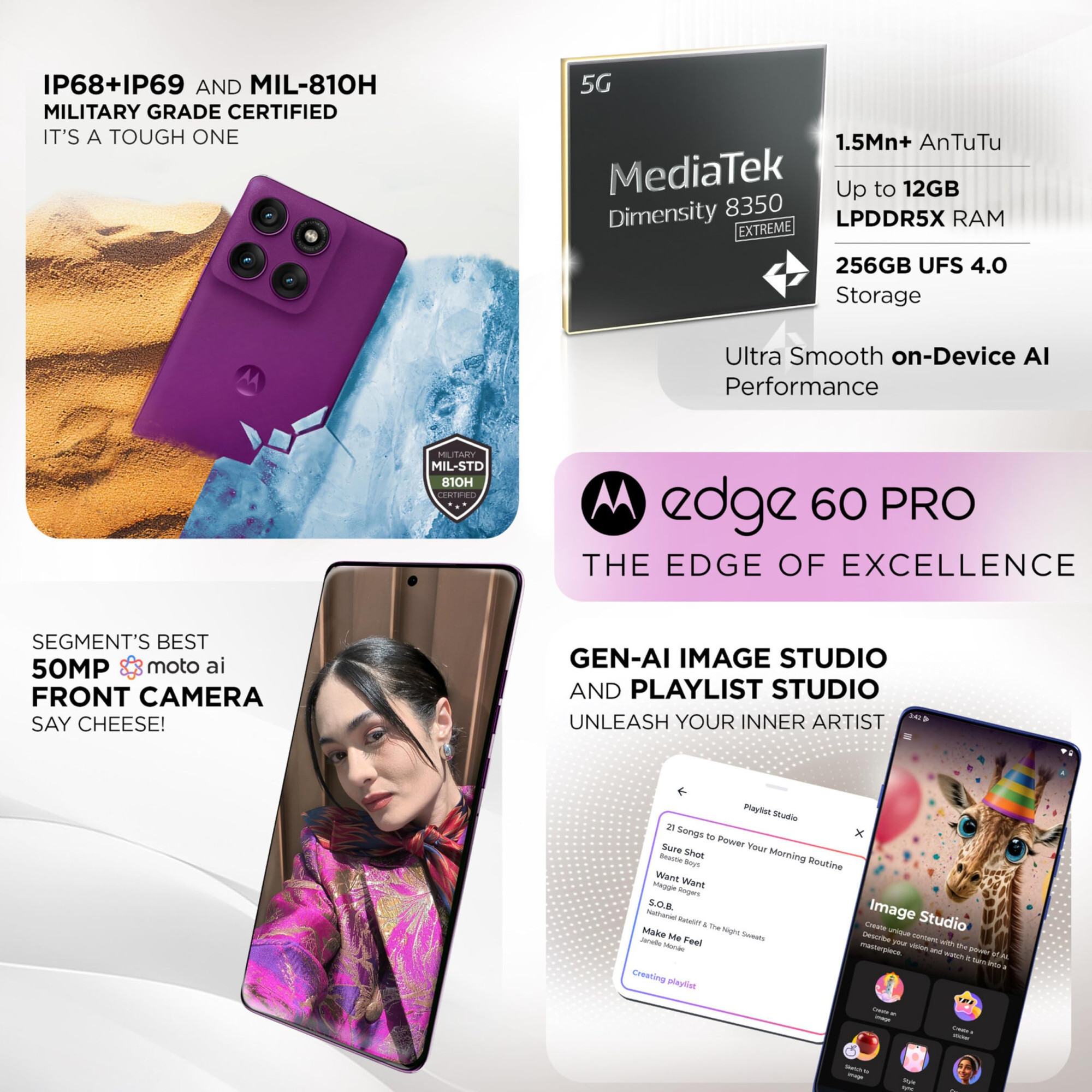 Motorola Edge 60 Pro 5G Pantone Sparkling Grape 8GB RAM 256GB Storage  67 AMOLED  50MP Triple Cam  50MP Front  6000mAh  90W  15W Wireless  IP68IP69  Dimensity 8350 AI Processor