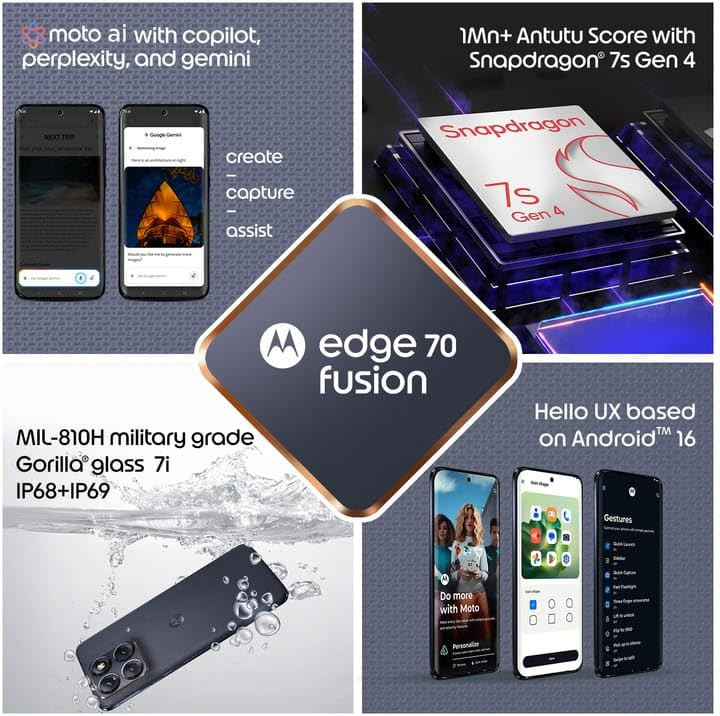 Motorola Edge 70 Fusion 5G Pantone Silhouette 12GB RAM 256GB Storage AI Features 678-inch 144Hz AMOLED Snapdragon 7s Gen 4 50MP 13MP Camera 32MP Selfie 7000mAh 68W TurboPower