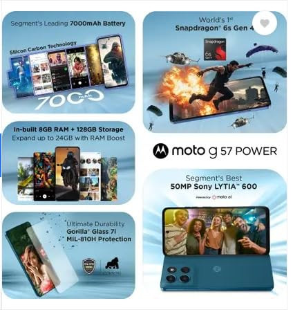 Motorola g57 Power 5G Pantone Corsair 128 GB 8 GB RAM 7000 mAh Battery 6s Gen 4 Processor 672 FHD Display 50MP 8MP 8MP Front Camera