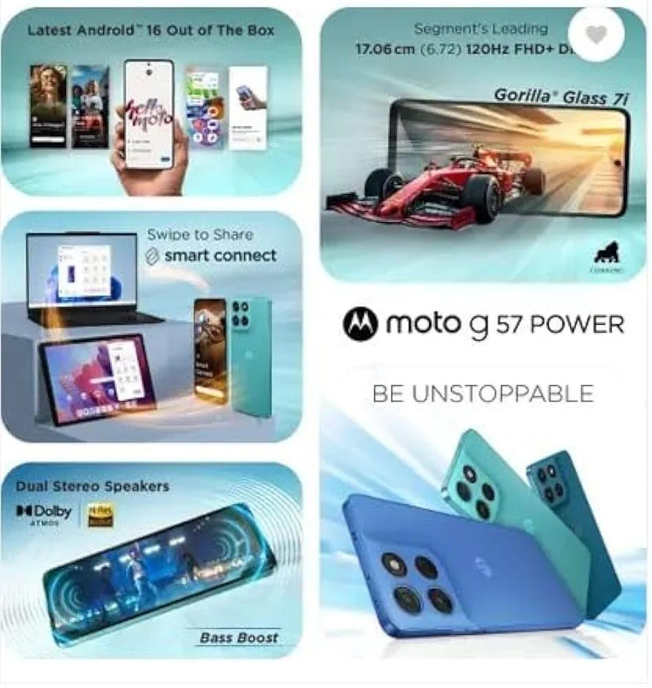 Motorola G57 Power 5G Regatta 8GB RAM 128GB Storage  Snapdragon 6s Gen 4 Processor  672 FHD Display  50MP LYT-600  8MP Ultrawide  8MP Selfie Camera  7000mAh Battery 33W TurboPower  IP64