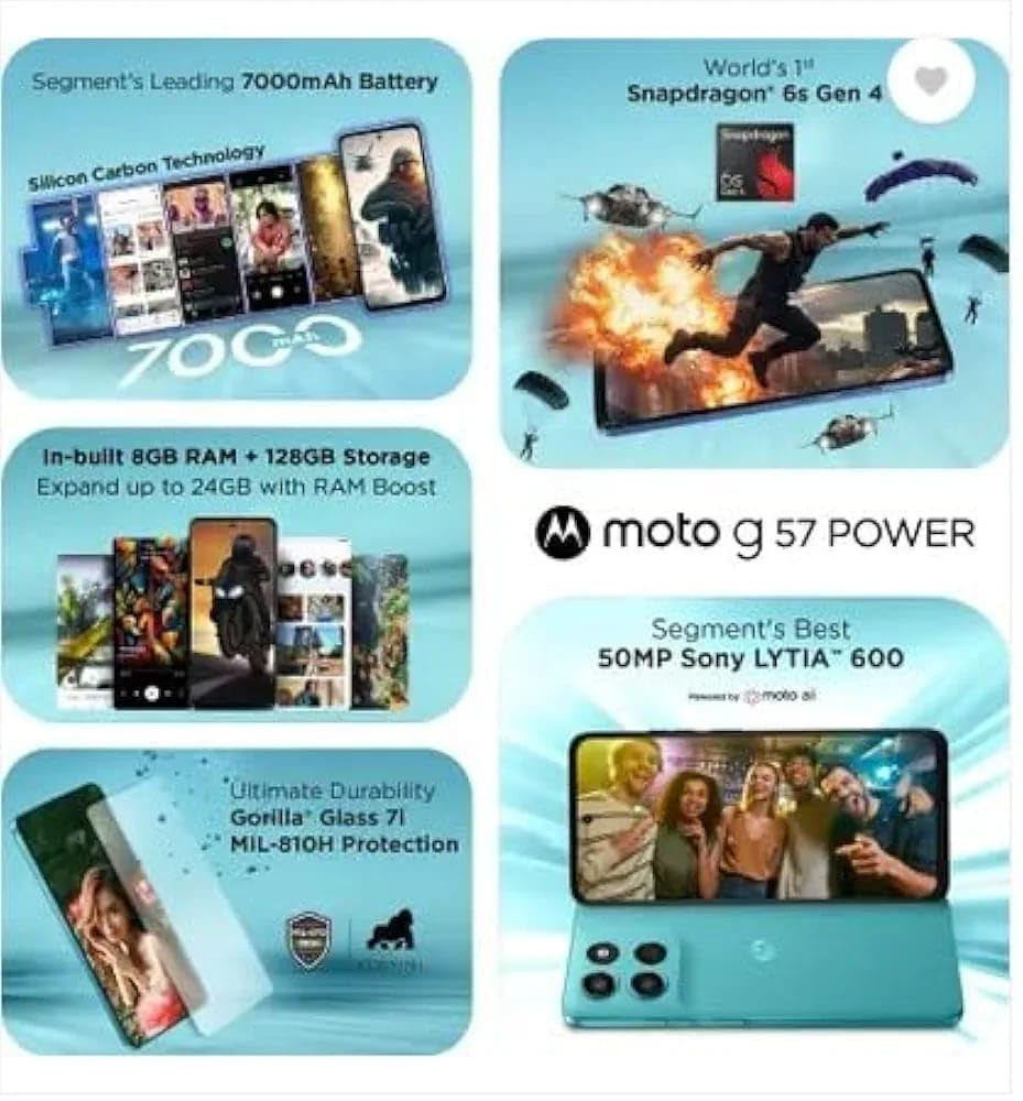 Motorola G57 Power 5G Regatta 8GB RAM 128GB Storage Snapdragon 6s Gen 4 Processor 672 FHD Display 50MP LYT-600 8MP Ultrawide 8MP Selfie Camera 7000mAh Battery 33W TurboPower IP64