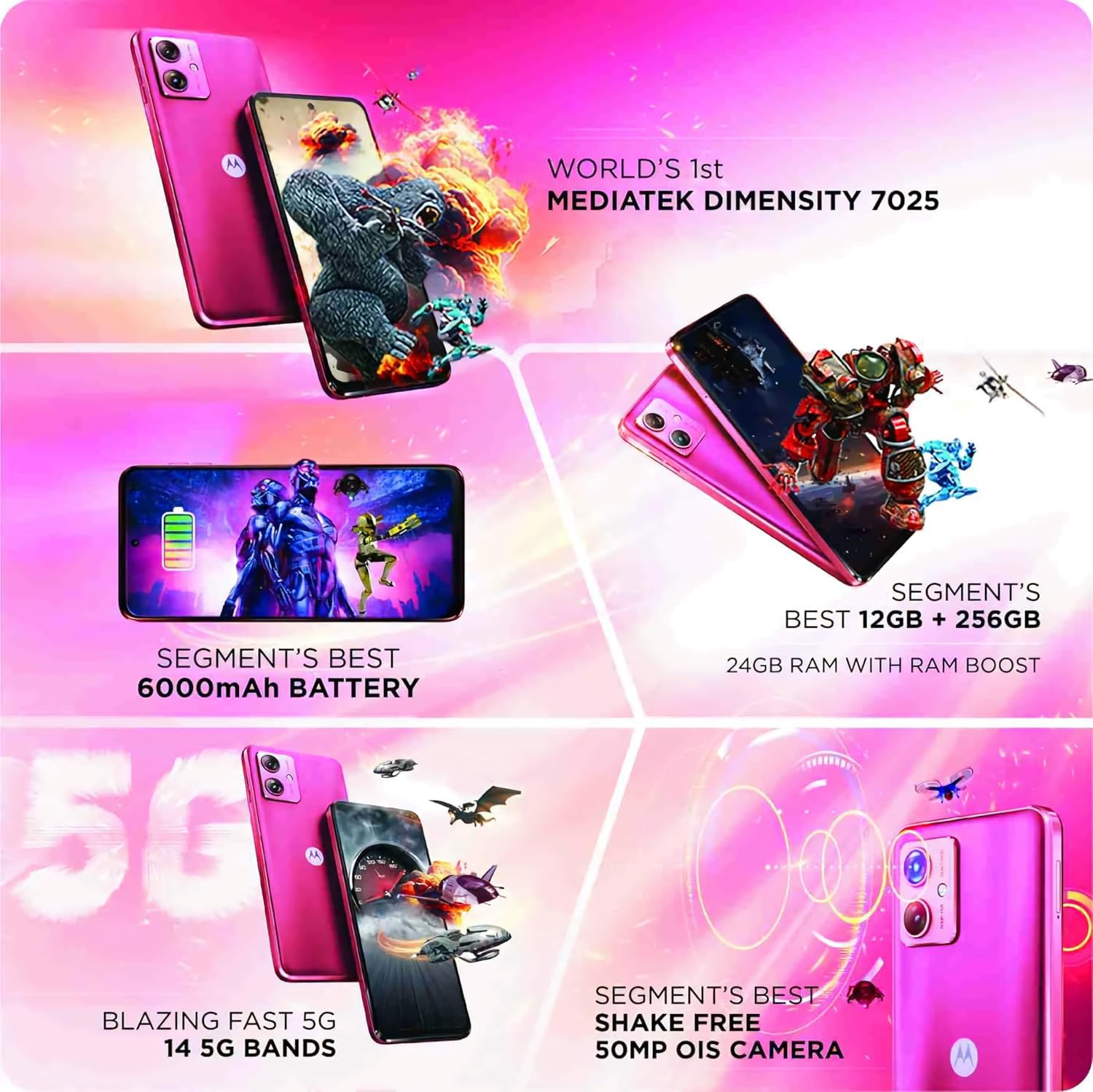 Motorola G64 5G Red Berry 8GB RAM 128GB Storage  Expandable Upto 2TB  50MP OIS  8MP Ultra-Wide  16MP Front Camera  MediaTek Dimensity 7025 Processor  6000 mAh Battery