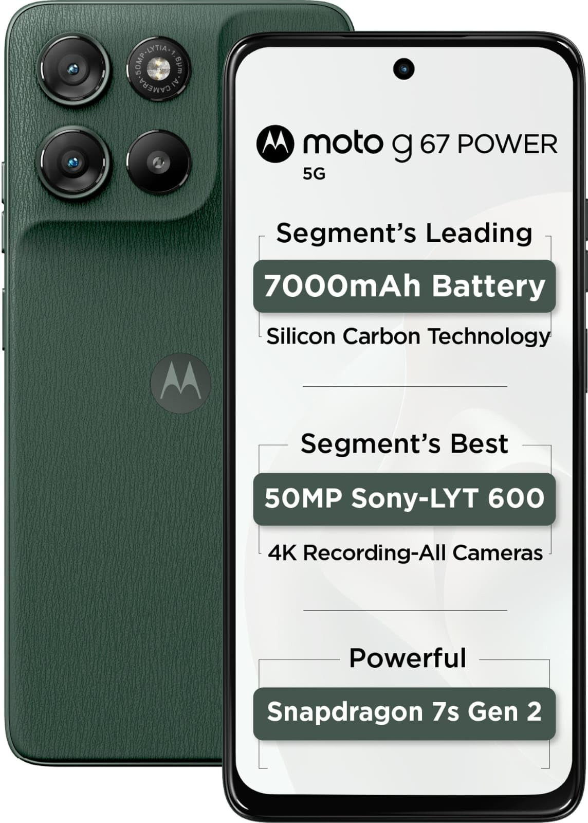 Motorola G67 Power 5G Pantone Cilantro 8GB RAM 128GB Storage  67 FHD 120Hz LCD Display  Snapdragon 7s Gen2 Processor  50MP  8MP UW Camera  7000mAh Battery with 30W Charger  IP64