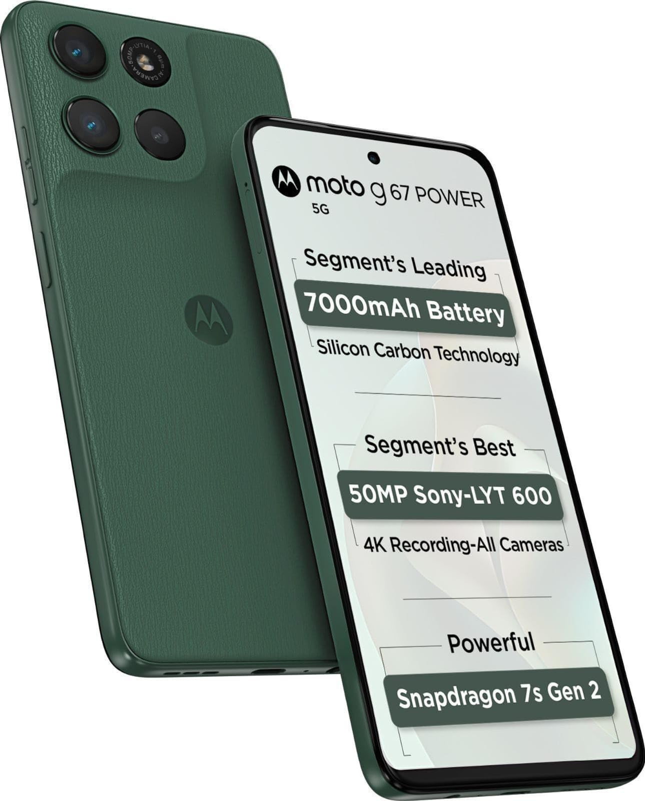 Motorola G67 Power 5G Pantone Cilantro 8GB RAM 128GB Storage 67 FHD 120Hz LCD Display Snapdragon 7s Gen2 Processor 50MP 8MP UW Camera 7000mAh Battery with 30W Charger IP64