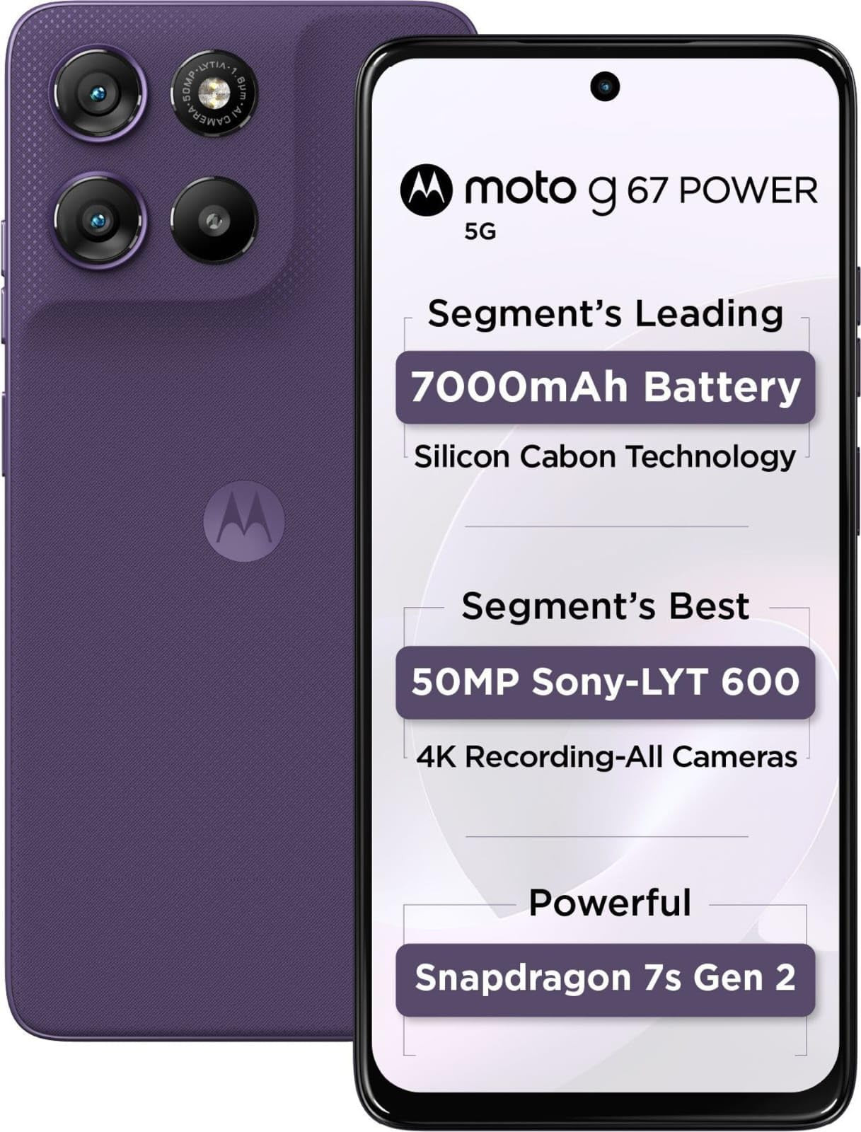 Motorola G67 Power 5G Pantone Parachute Purple 8GB RAM 128GB Storage 67 FHD 120Hz LCD Display Snapdragon 7s Gen2 Processor 50MP 8MP UW Camera 7000mAh Battery with 30W Charger IP64