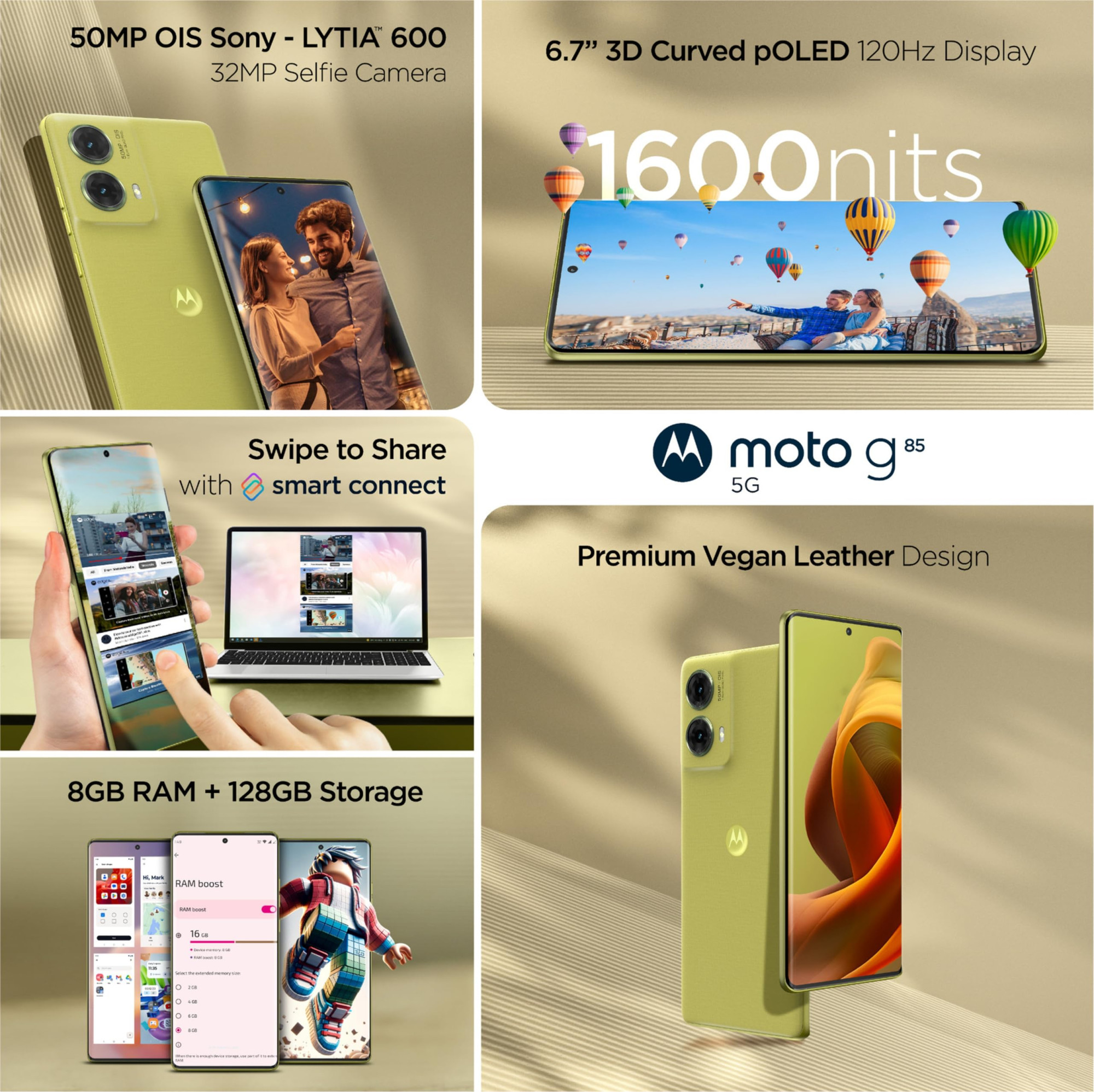 Motorola G85 5G Olive Green 8GB RAM 128GB Storage  Snapdragon 6s Gen 3  667 120Hz pOLED Display  50MP OIS Camera  Android 14  5000mAh Battery