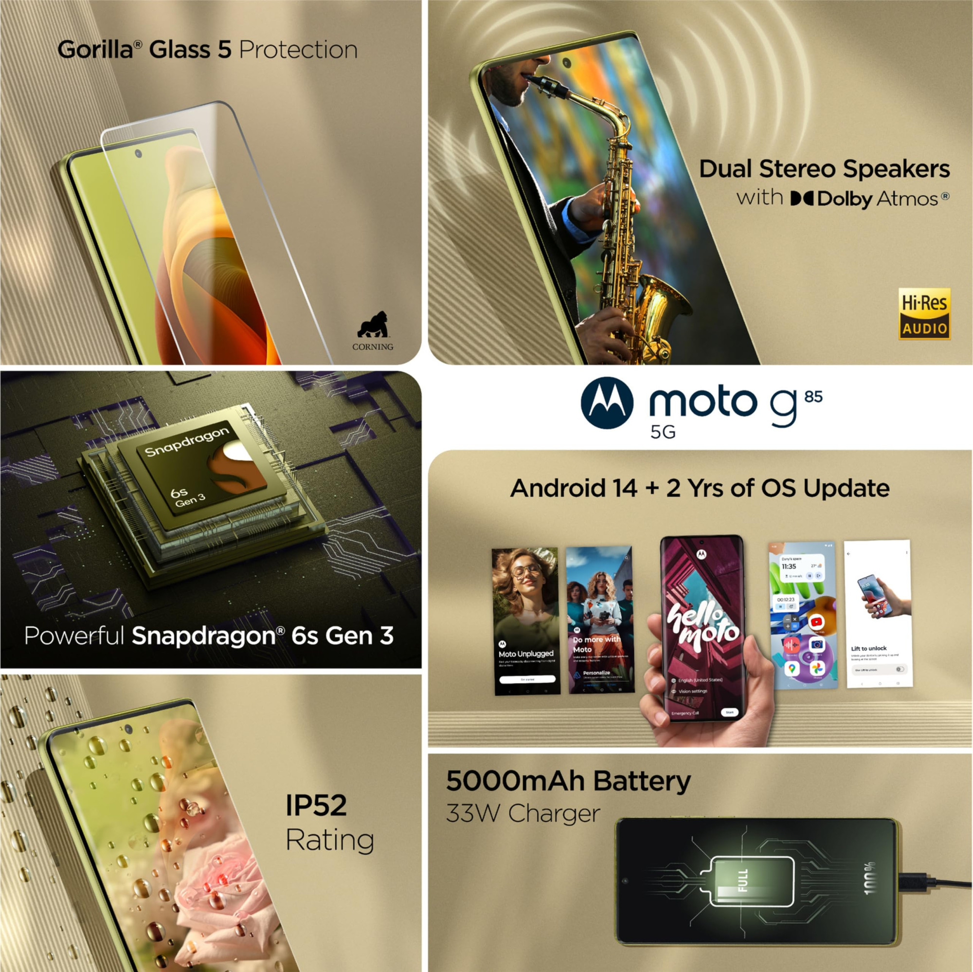 Motorola G85 5G Olive Green 8GB RAM 128GB Storage  Snapdragon 6s Gen 3  667 120Hz pOLED Display  50MP OIS Camera  Android 14  5000mAh Battery