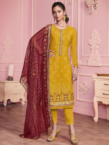Mustard Yellow Hand Work Georgette Festive Wear Pant Salwar Suit