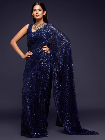 Navy Blue Fully Sequined Georgette Party Wear Saree(Un-Stitched)