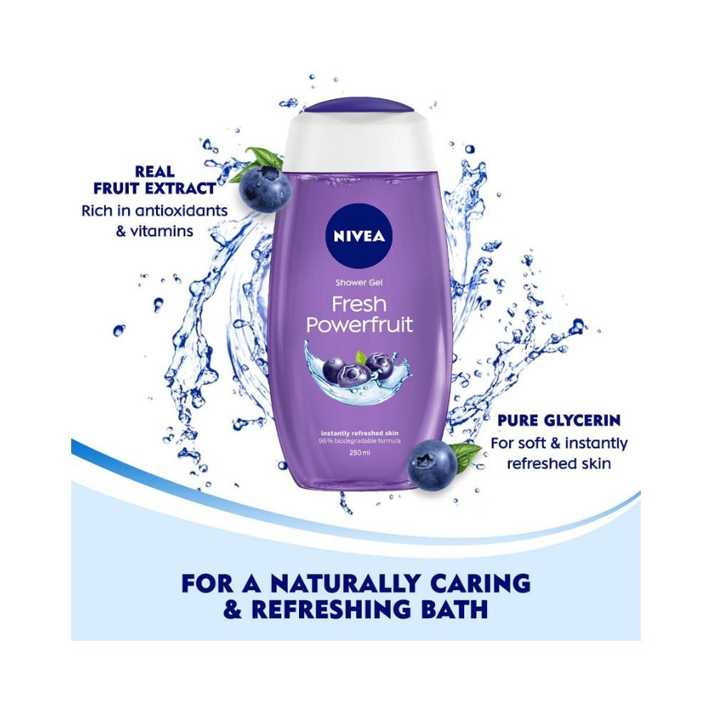 NIVEA Body Wash, Fresh Powerfruit Shower Gel, with Antioxidants & Blueberry Scent, 250 ml