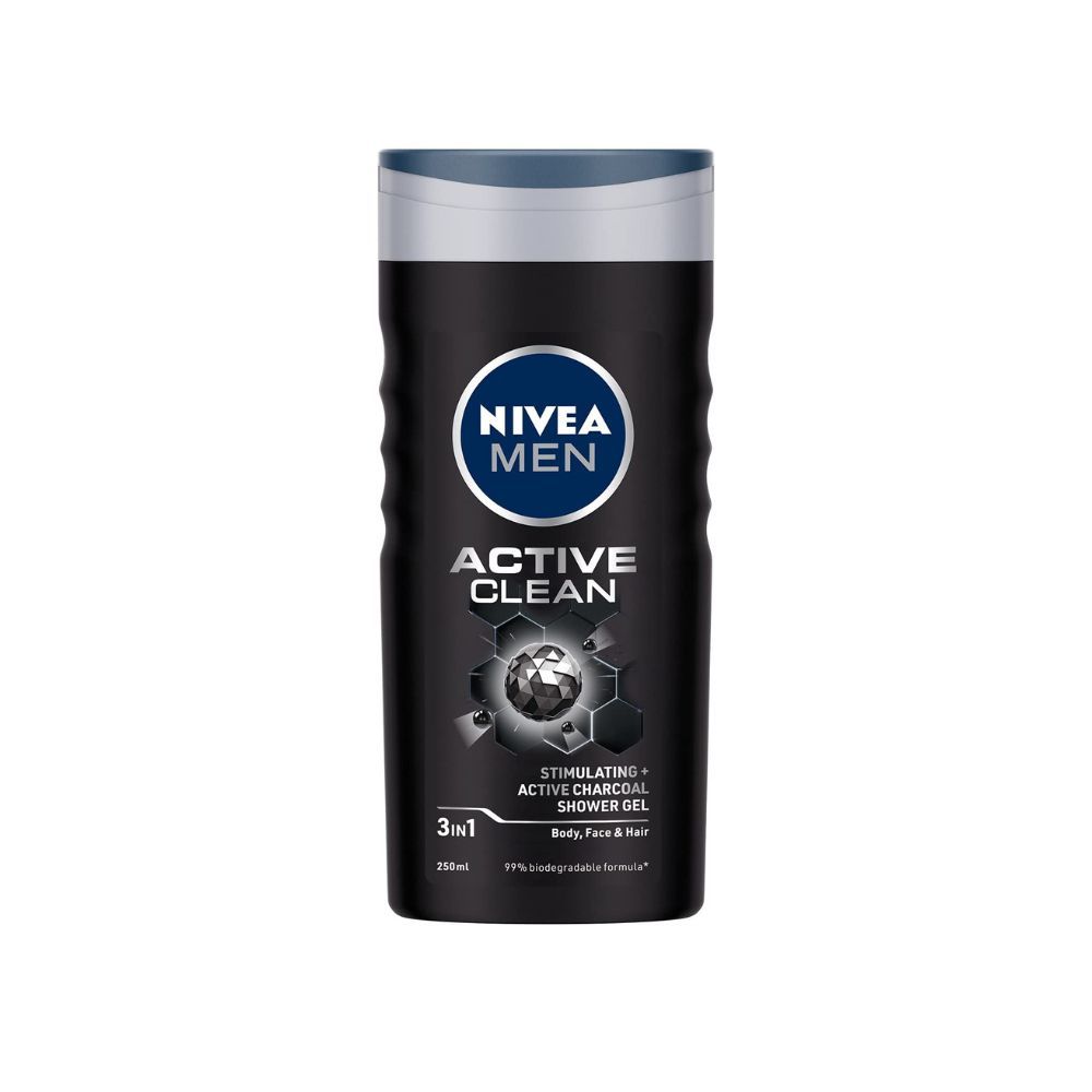 Nivea Men Body Wash, Active Clean with Active Charcoal, Shower Gel for Body, Face & Hair, 250 ml