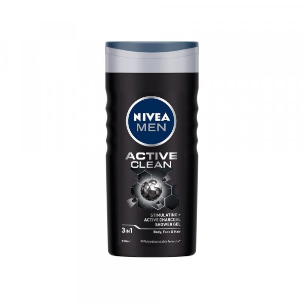 Nivea Men Body Wash, Active Clean with Active Charcoal, Shower Gel for Body, Face &amp; Hair, 250 ml