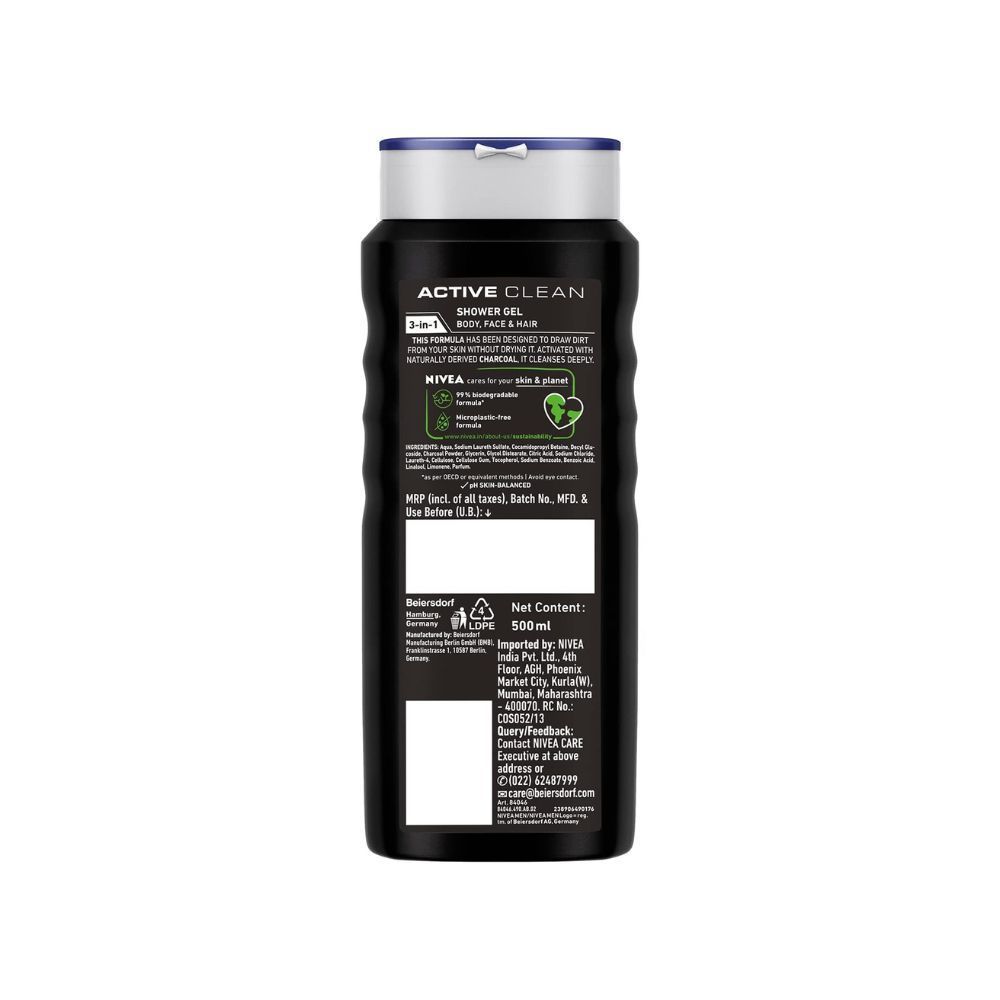 Nivea Men Body Wash, Active Clean with Active Charcoal, Shower Gel for Body, Face & Hair, 500 ml